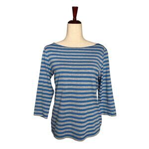 Marimekko Boat Neck 3/4 Sleeve Striped Top Womens M Cotton Blue Grey Casual